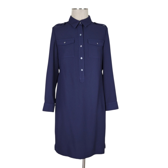 Talbots Shirt Dress Size 8P Navy Epaulet Shoulder Belt Roll Tab Long Sleeves New - Picture 4 of 13